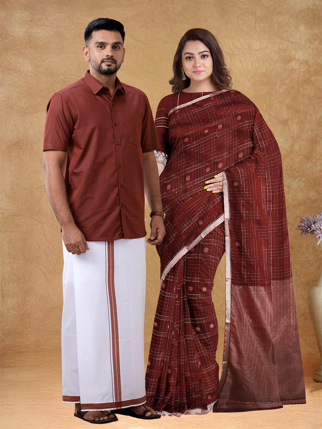 Couple Combo Shirt & Dhoti Set with Saree Brown PCS182