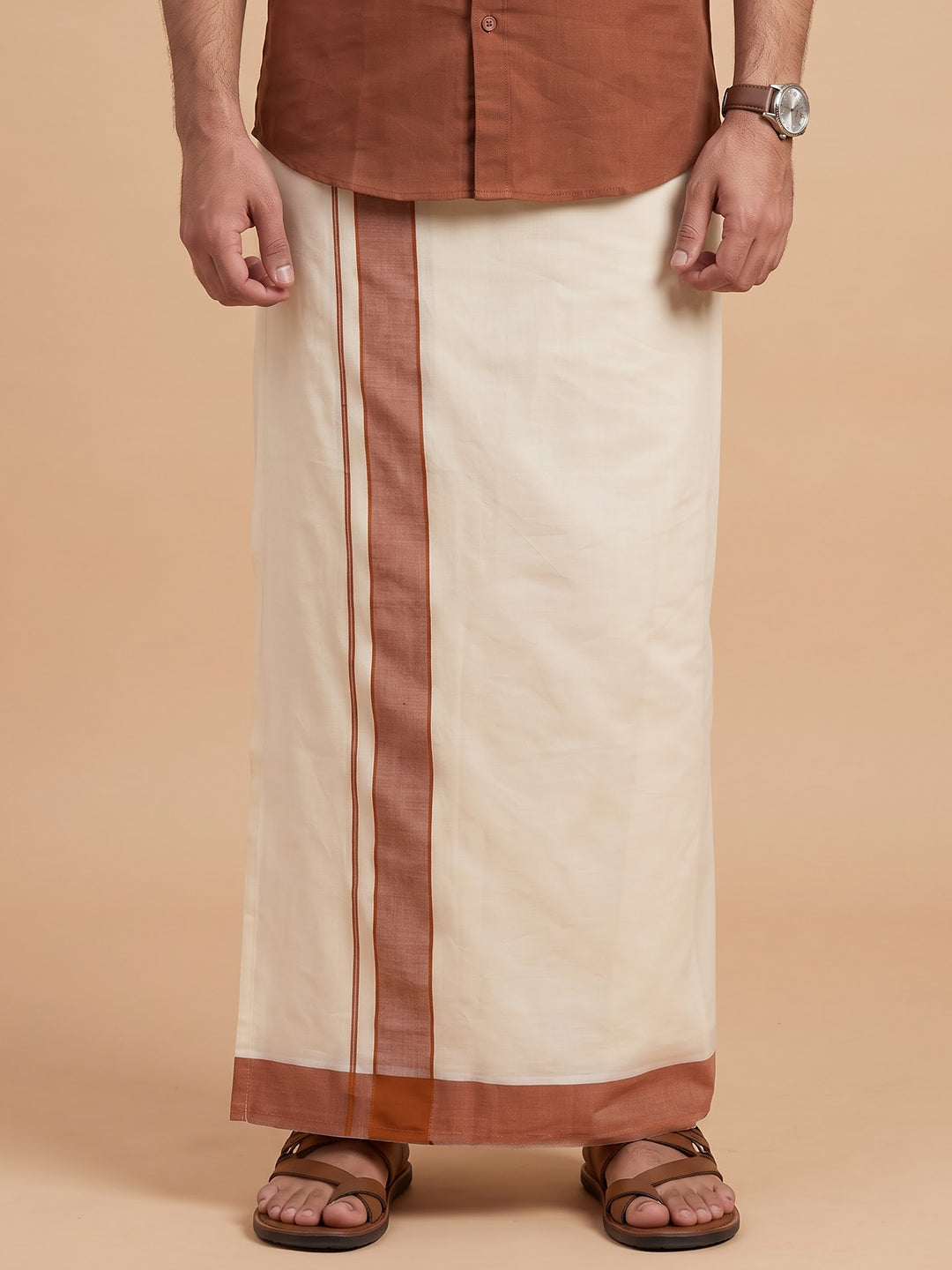 Double Layer 100% Cotton Cream Kora Dhoti with Colour Border - GK02