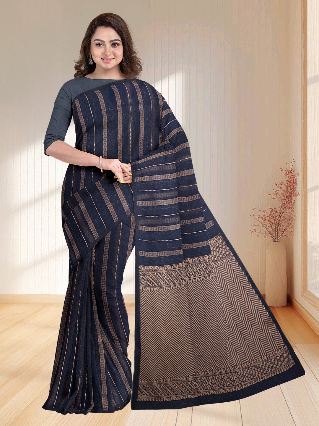 Women Navy Kora Cotton Saree PCS176