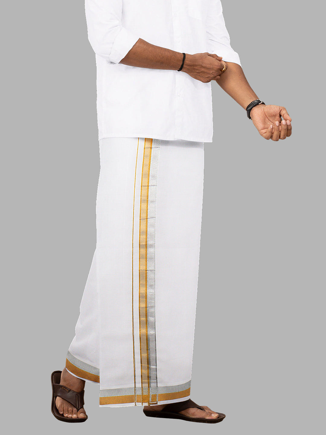 Men White with 1"Gold and Silver Jari Border Single Layer Dhoti Silver Grand