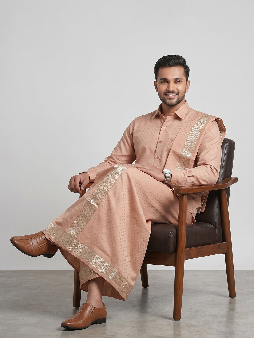 Men Art Silk Jacquard Design Shirt Dhoti & Towel Set Copper Tone Swayamvara Grand CTJD1