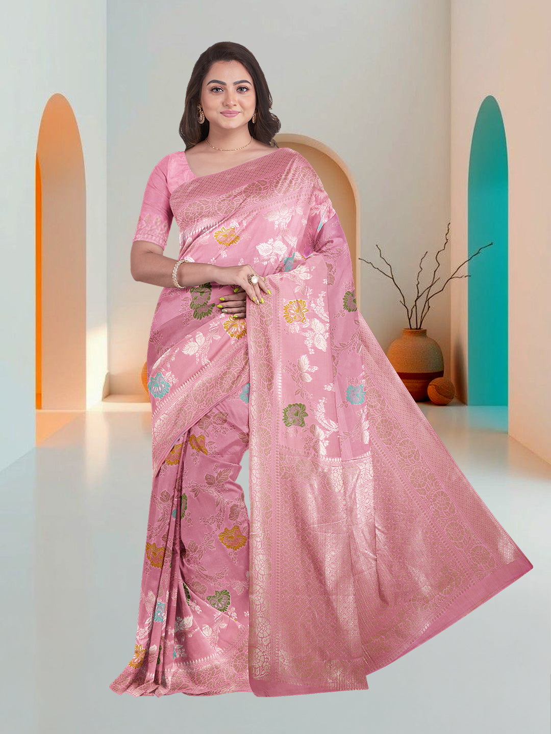 Women Pink Art Silk Printed Saree ASS77