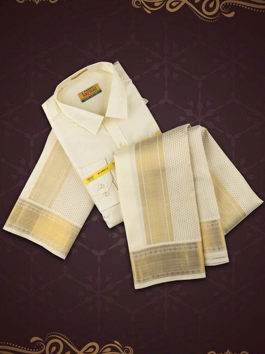 Men Premium Pure Silk Wedding Readymade shirt with dhoti & Towel set Amirtham