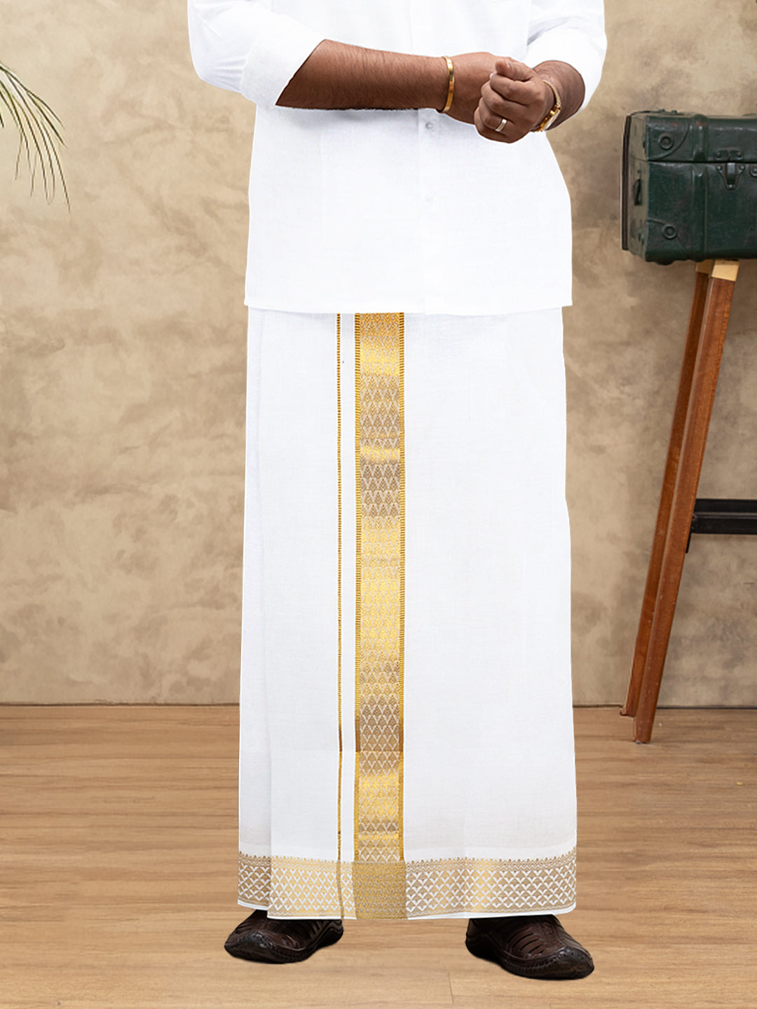 Men 100% Cotton Single Layer White Dhoti with Gold Jari Border Aura 363