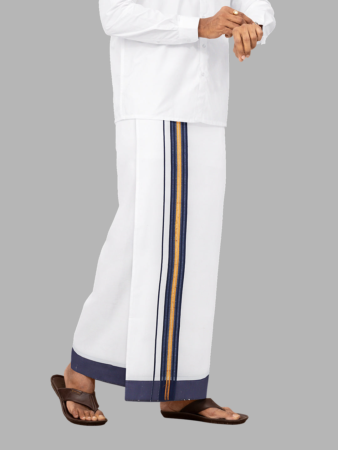 Men Navy Fancy Jari Border Single Layer Adjustable Pocket Dhoti GACJ34