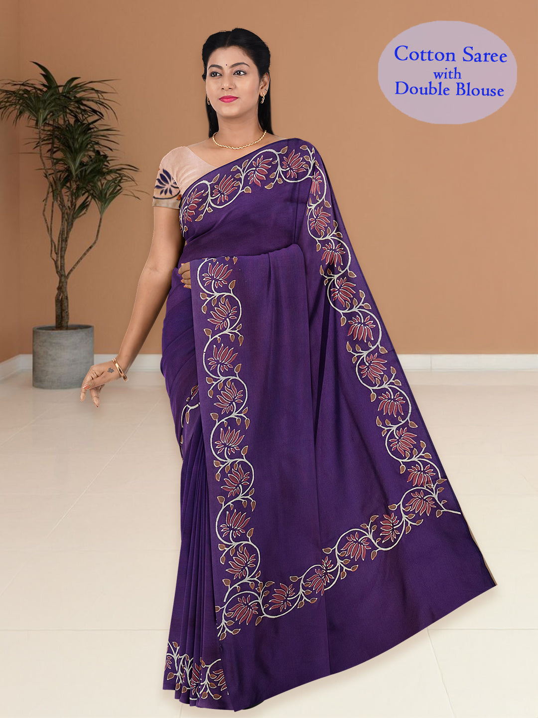 Women Violet Cotton Saree with Double Blouse PCS216