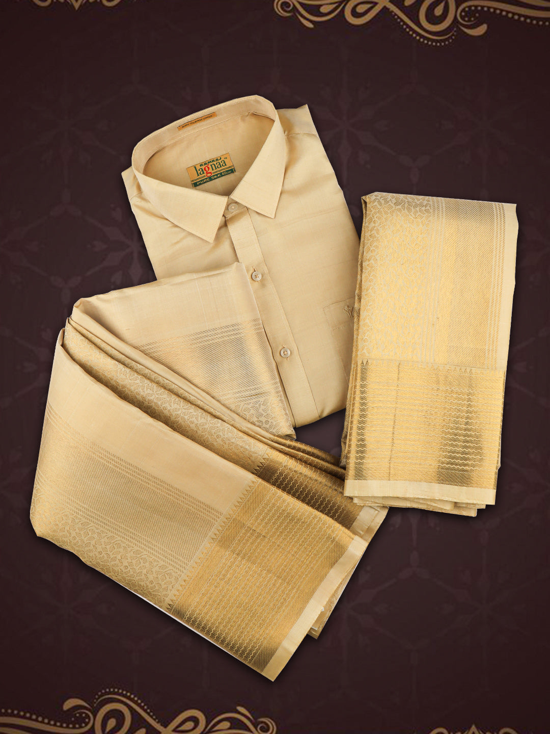 Men Premium Pure Silk Emboss Design Wedding Set with 2-gram Gold Jari Amirtham