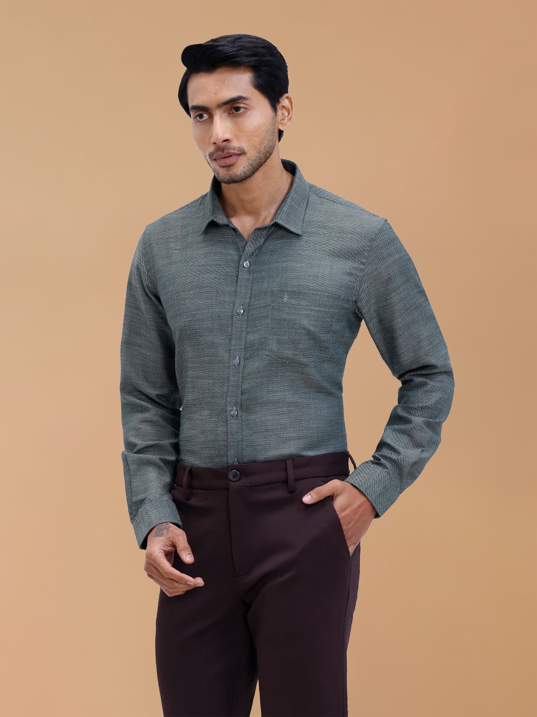 Cotton Rich Green Dobby Regular Fit Shirt T59 AIT3