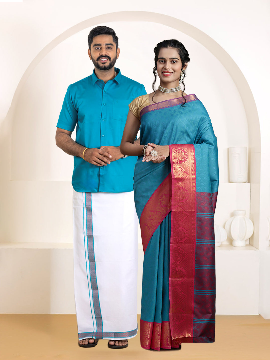 Couple Combo Shirt & Dhoti Set with Saree Jungle Green ASS121