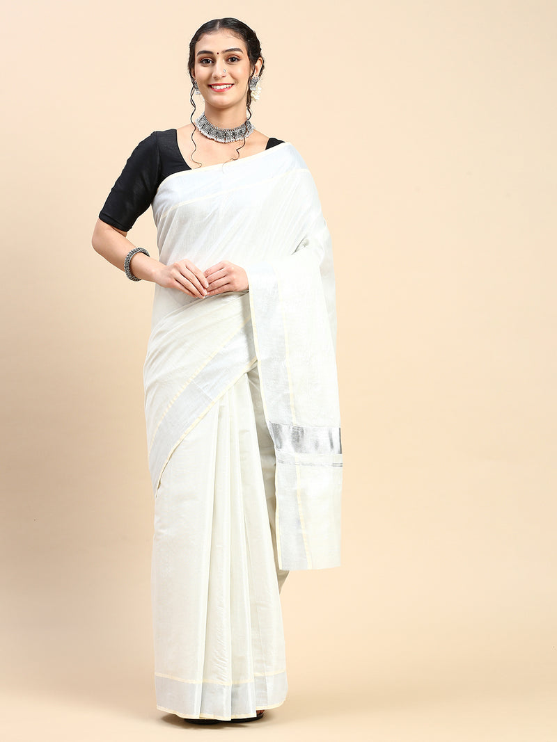 Womens Kerala Tissue Silver Jari Plain Saree OKS08