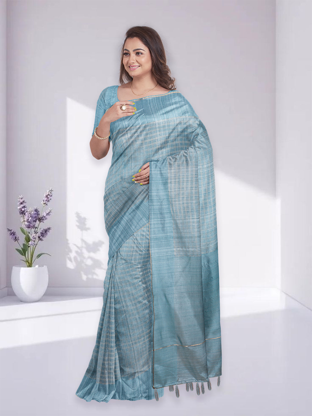 Women Blue Semi Tussar Checks Saree ST272