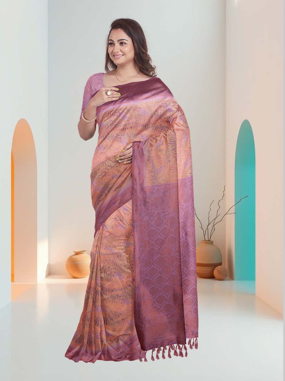 Women Peach with Purple Art Silk Printed Saree ASS67