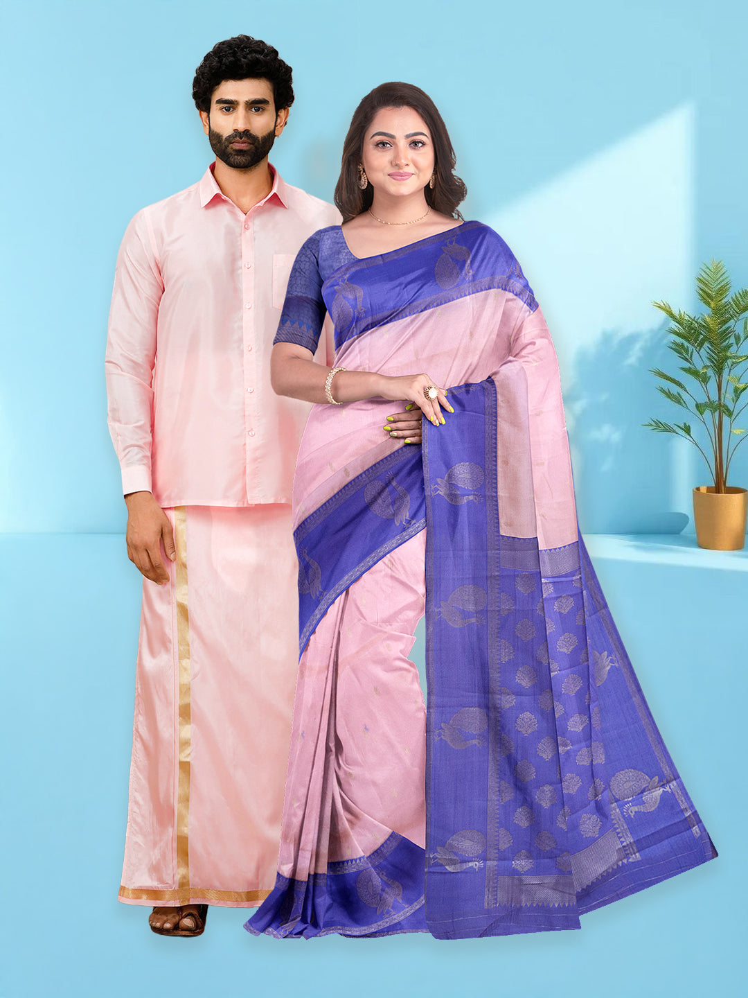 Couple Combo Shirt & Dhoti Set with Saree Pink ASS96