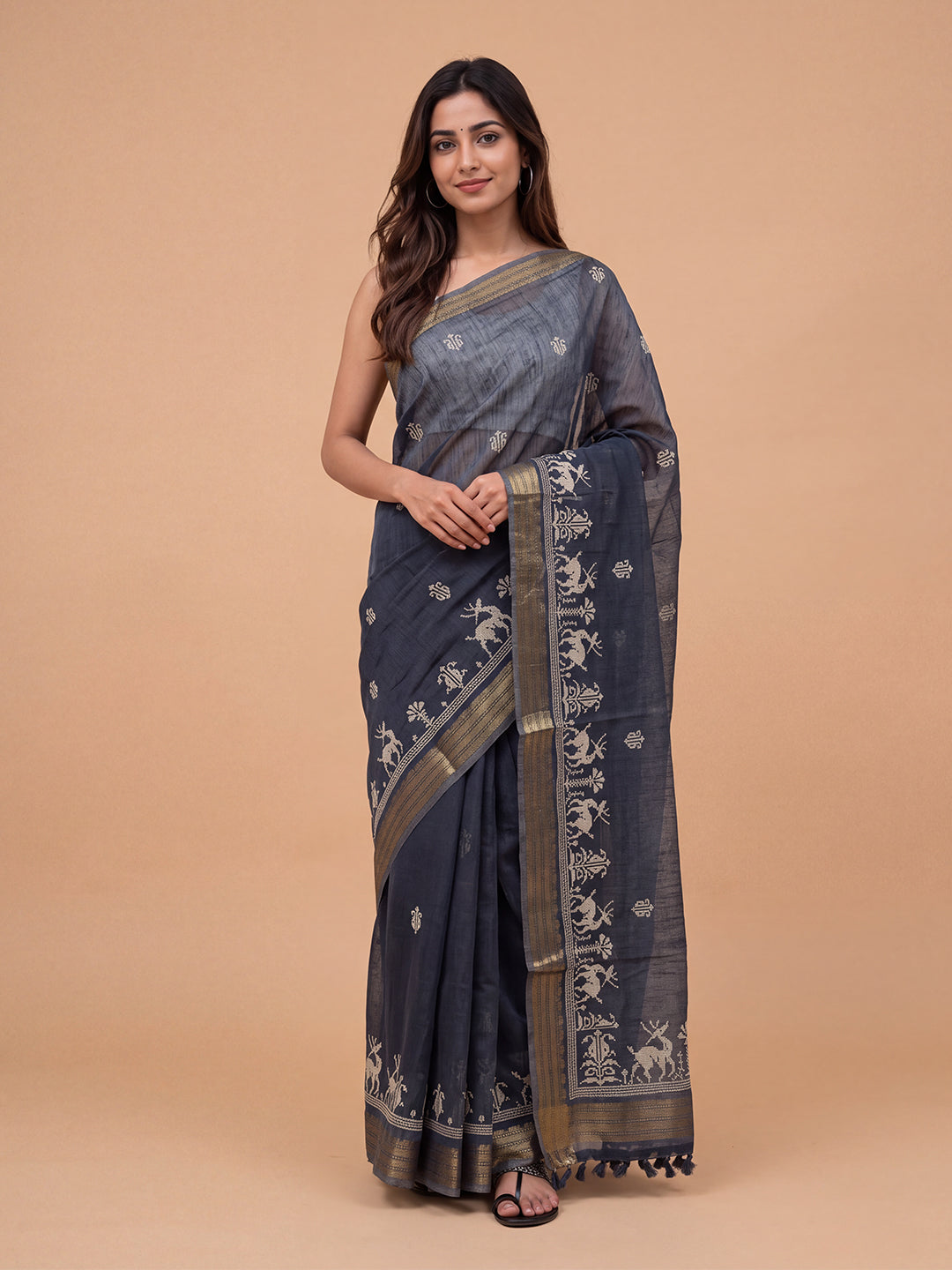 Women Semi Linen Blue Embroidered Saree SL276