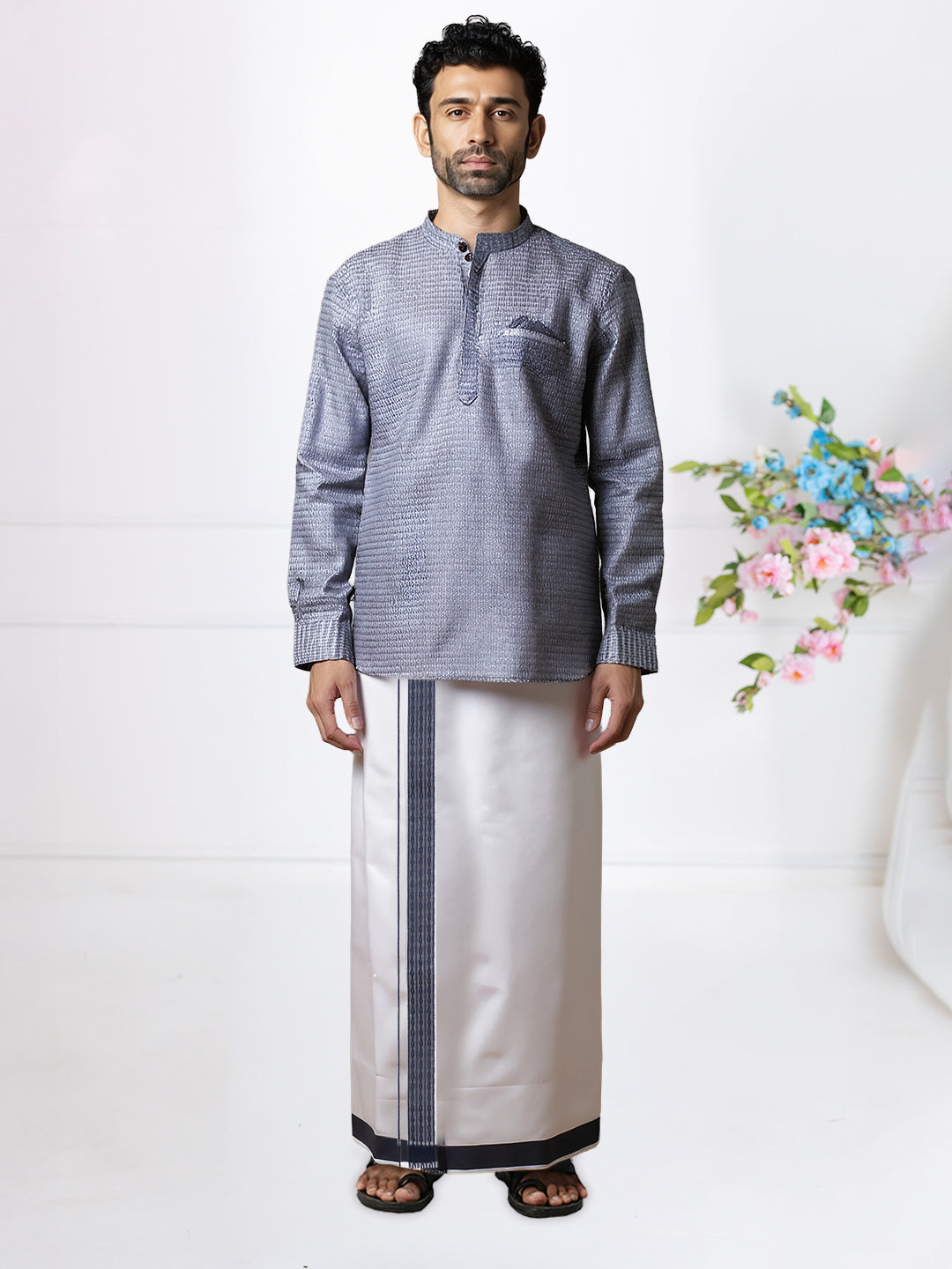 Men Denim Blue Short Length Kurta with Matching Border Dhoti Set RJ44