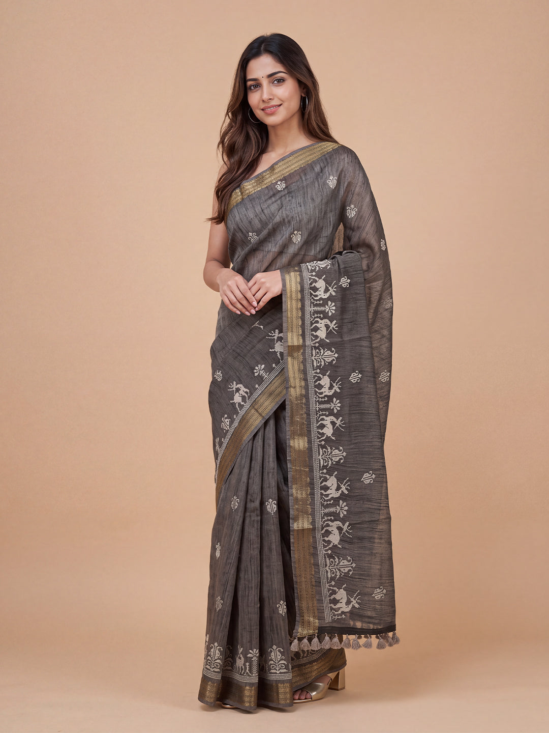Women Semi Linen Dark Grey Embroidered Saree SL272