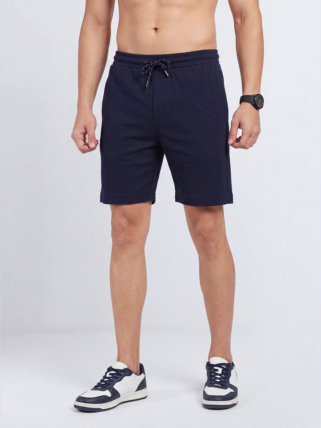 Cotton Rich Popcorn Structured Fabric Navy Shorts PS1