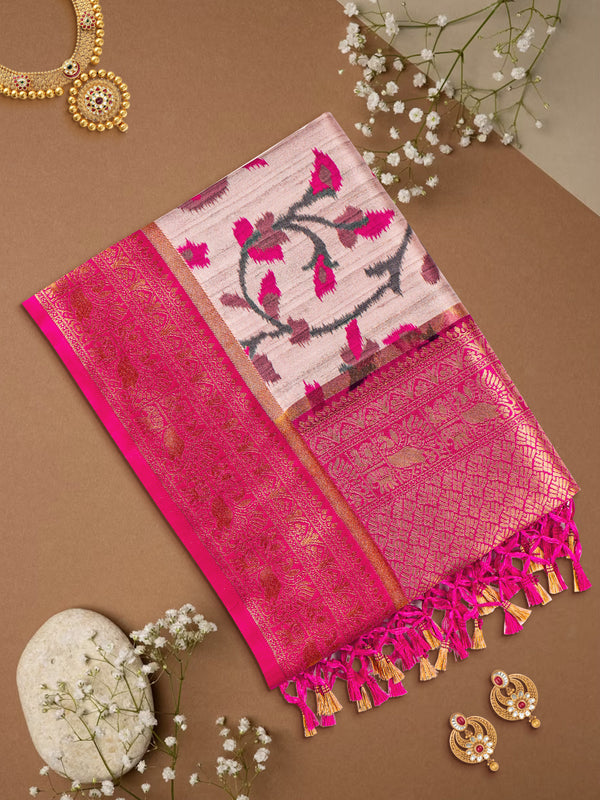 Women Light Brown & Pink Floral Printed Dola Silk Saree DSP03