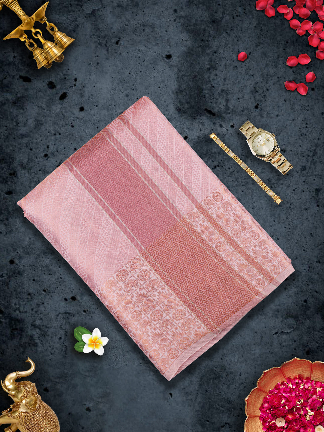 Pure Silk Embossed 5" Pink Jari Border Dhoti With Towel Thirukalyan