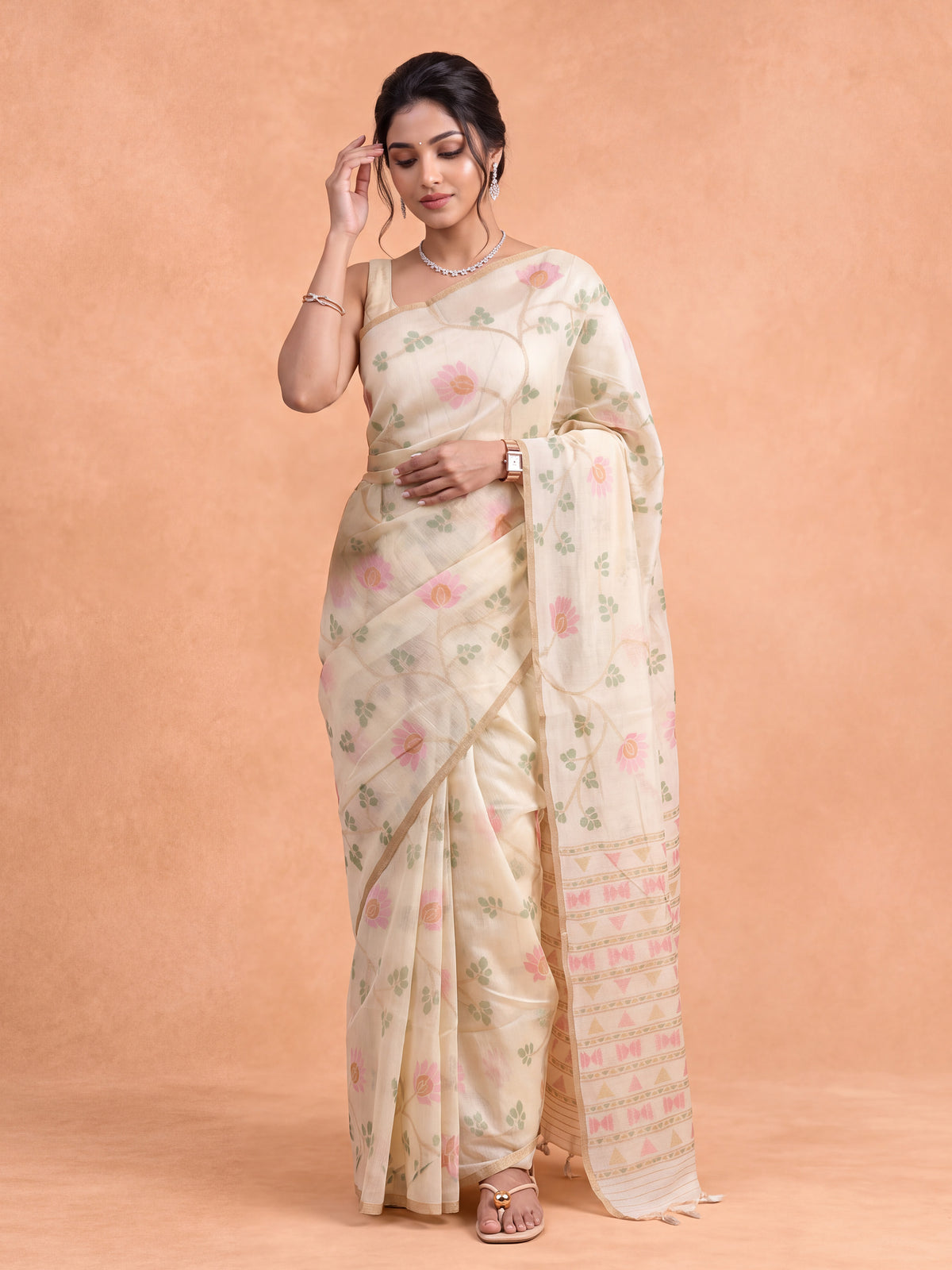 Women Spun Poly Beige Saree SP25