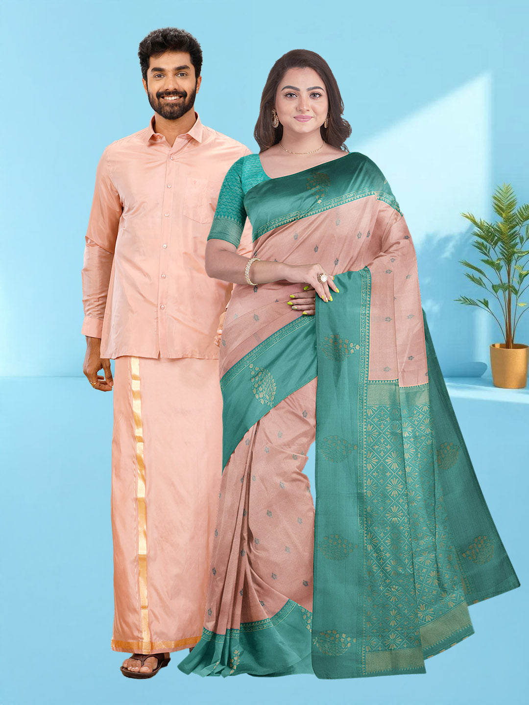 Couple Combo Shirt & Dhoti Set with Saree Copper Tone ASS98