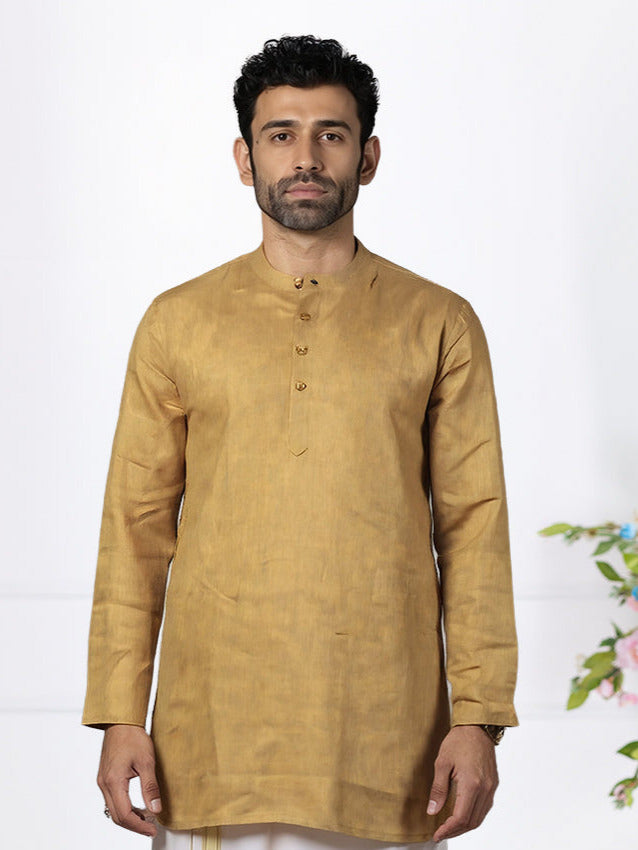 Men Mustard Yellow Medium Length Kurta with Matching Border Dhoti Set KAL20
