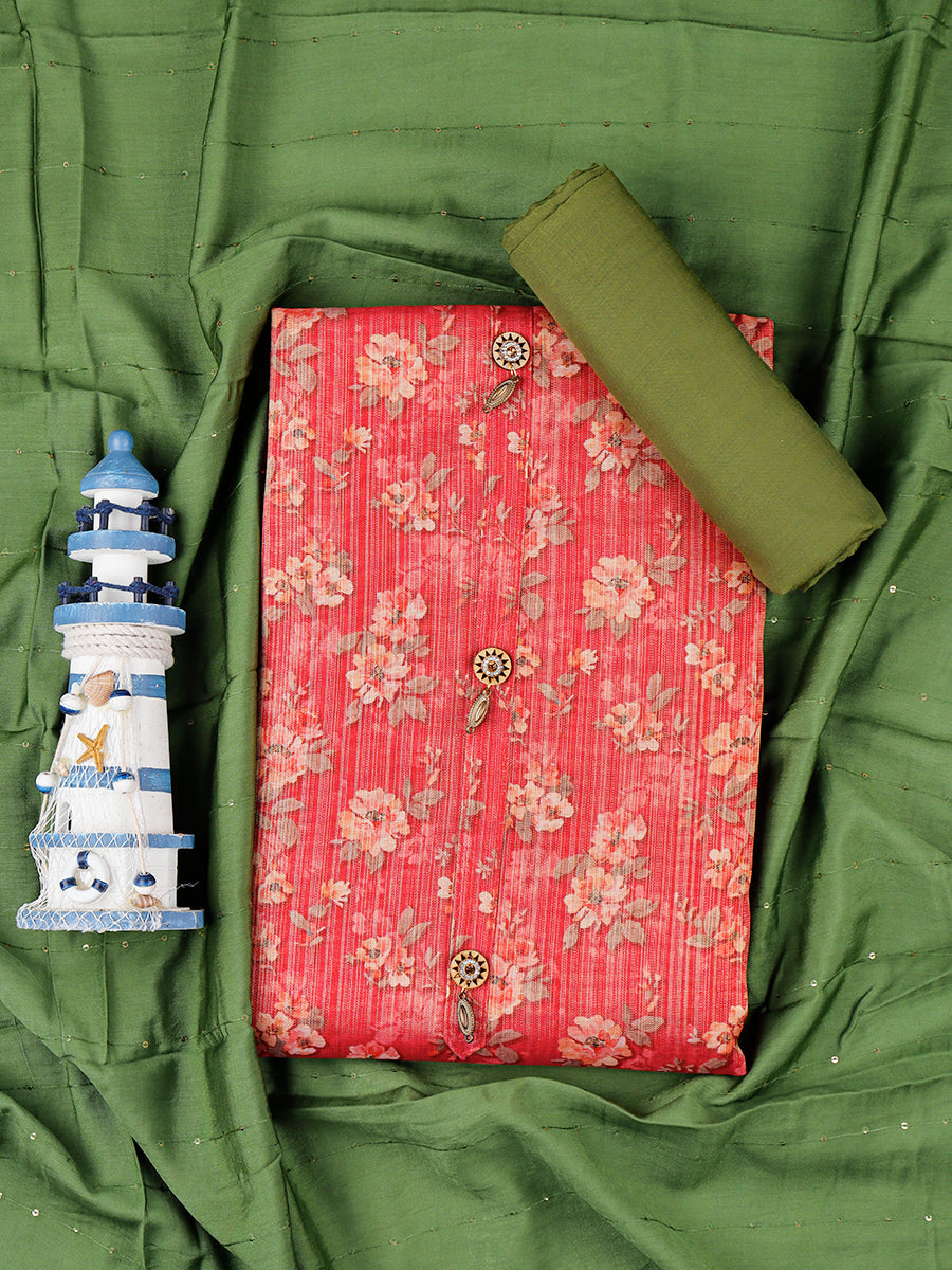 Women Red & Green Flower Digital Print Unstitched Semi Raw Silk Cotton Dress Material DM100