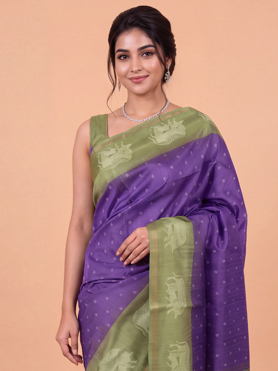 Women Semi Raw Silk Dark Violet with Green Fancy Printed Saree SRS131