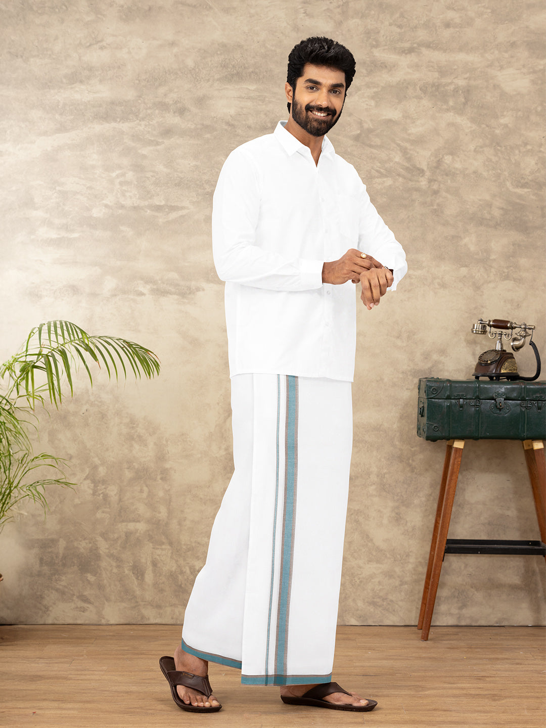 Men 100% Cotton Double Layer White Dhoti with Fancy Border RVS09