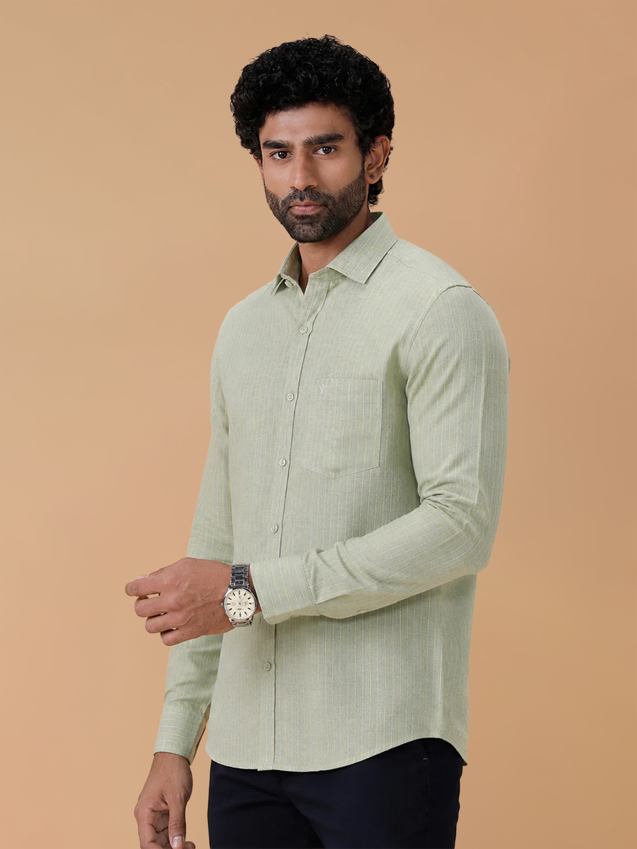Pure Linen Yellowish Mist Green Striped Smart Fit Shirt LS34