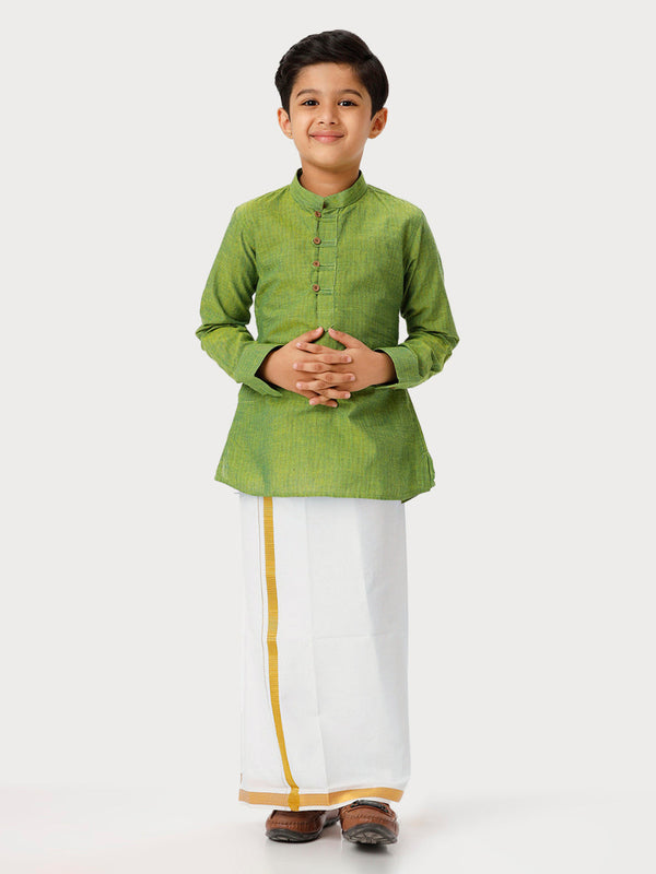 Boys Breeze Cotton Full Sleeves Yellowish Green Kurta with Dhoti Combo