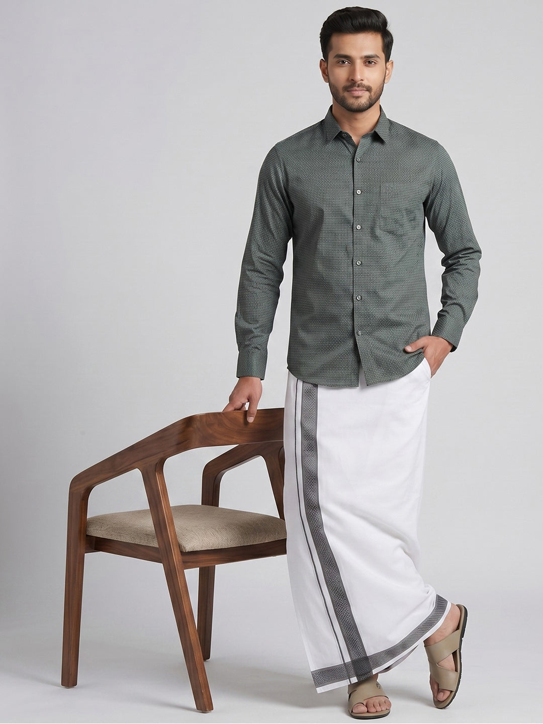 Men Teal Green Matching Border Dhoti With Printed Shirt Set Windsor HNJ5