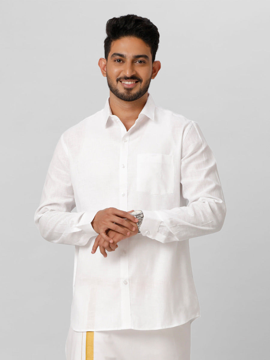 Mens Rich Linen Cotton White Shirt Full Sleeves-Front view