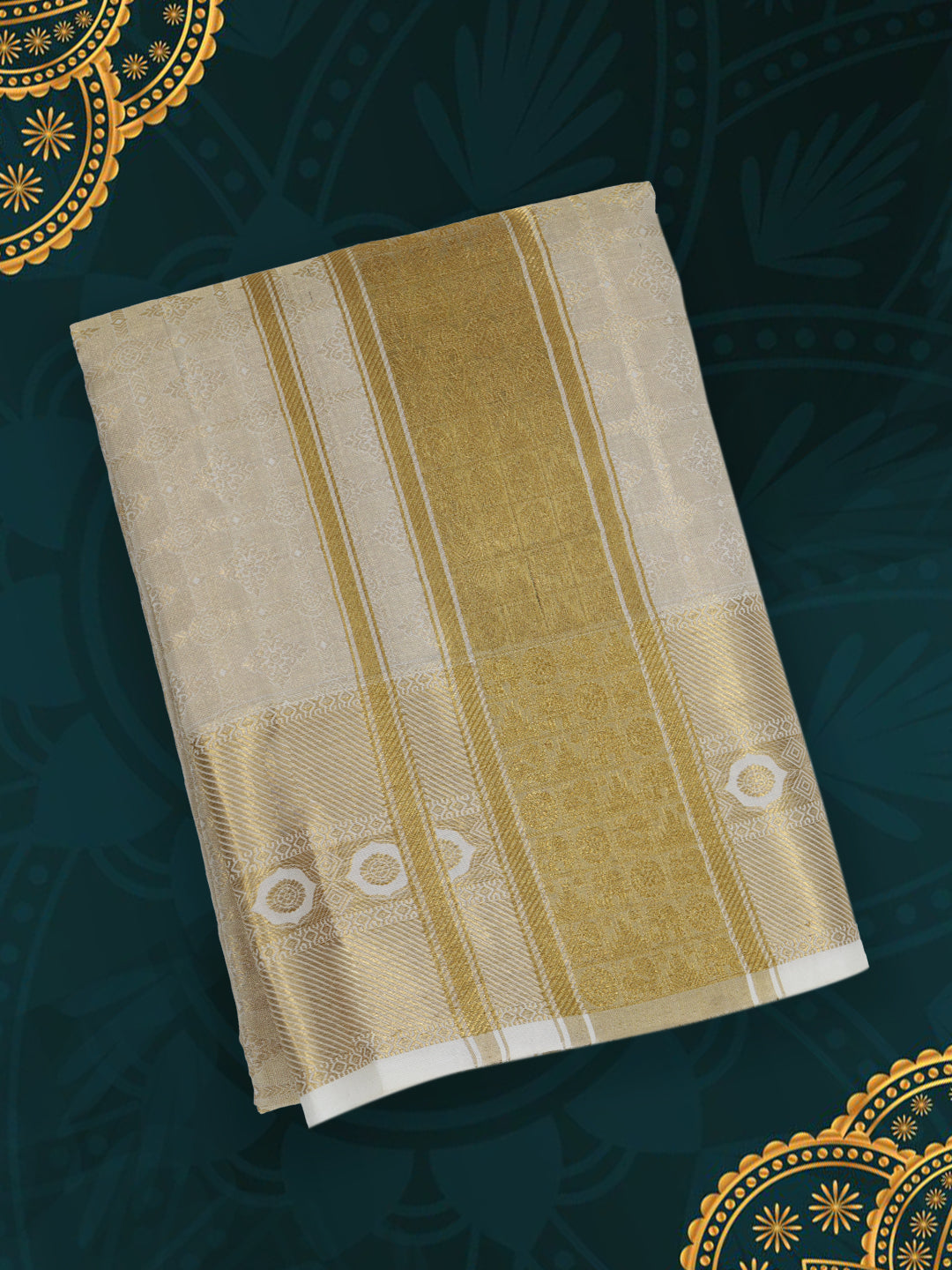 Men Pure Silk Tissue Embossed Golden Dhoti and Towel Set with 5" inch Jari Border Thirukalyan