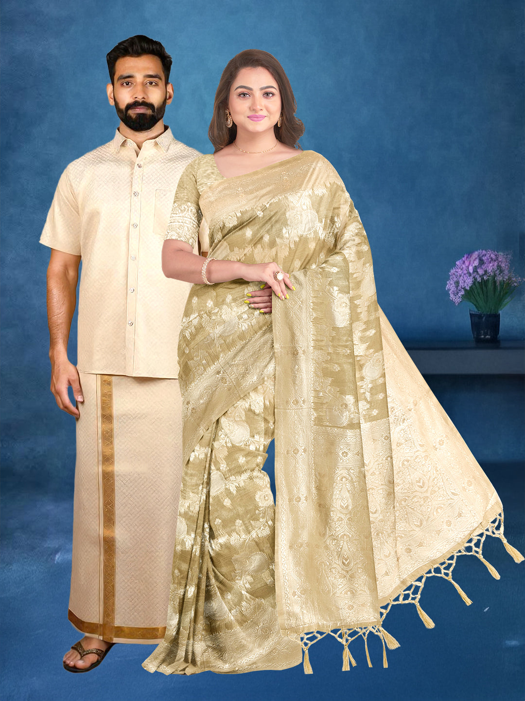 Couple Combo Shirt & Dhoti Set with Saree Gold GD13