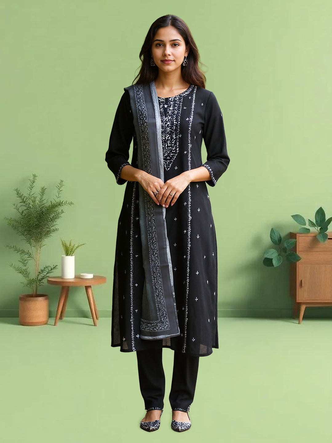 Women Silky Crush Embroidered Kurti Set Black EKS89