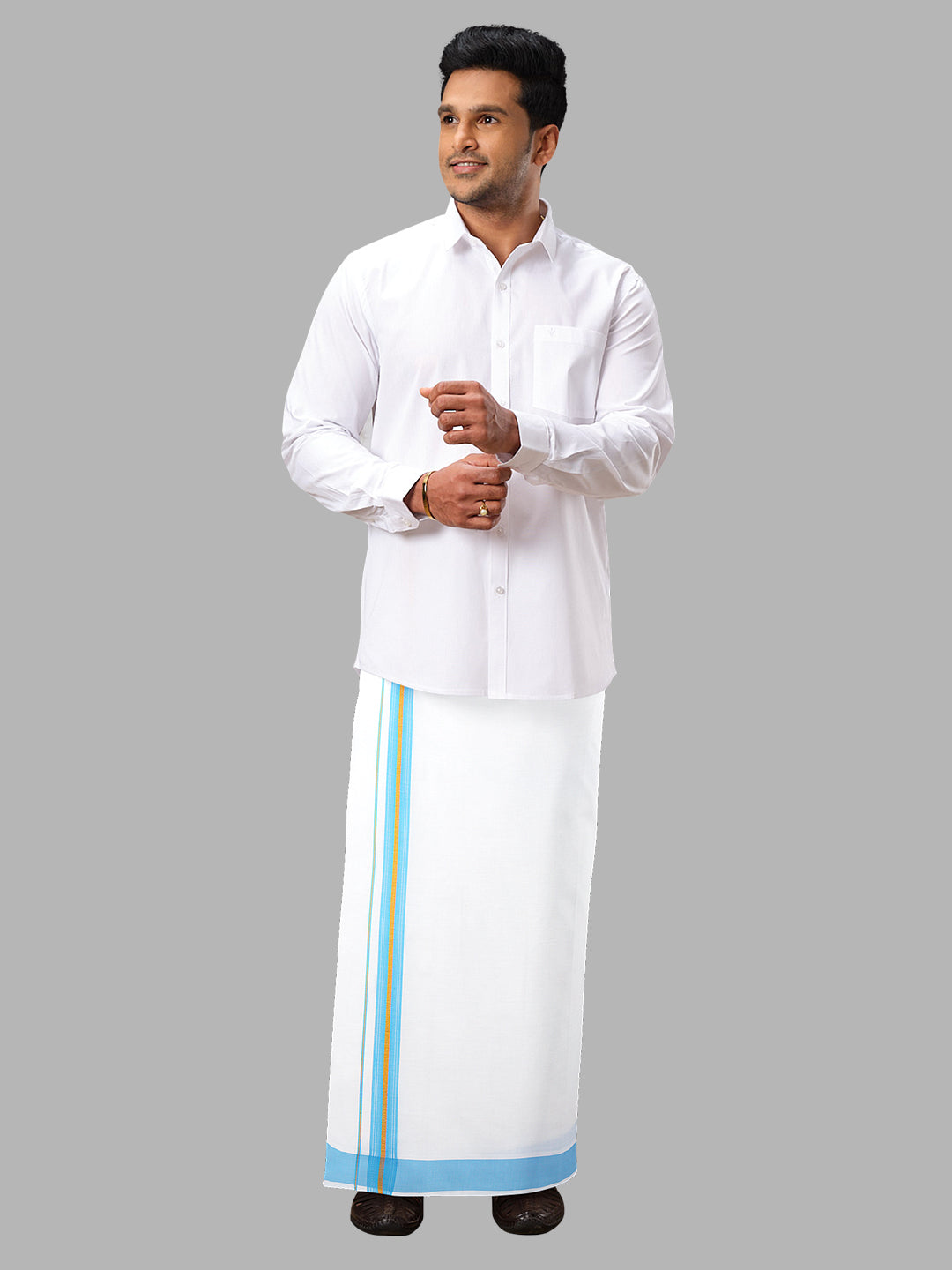 Men Blue Adjustable Pocket Dhoti with Fancy Border GACJ24