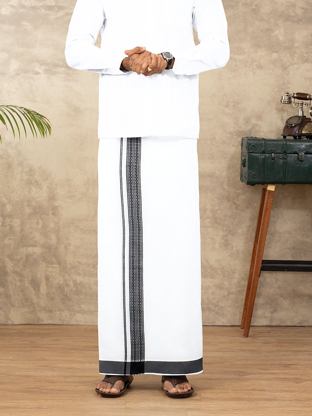 Men Cotton Blend Double Layer White Dhoti with Fancy Border TF11