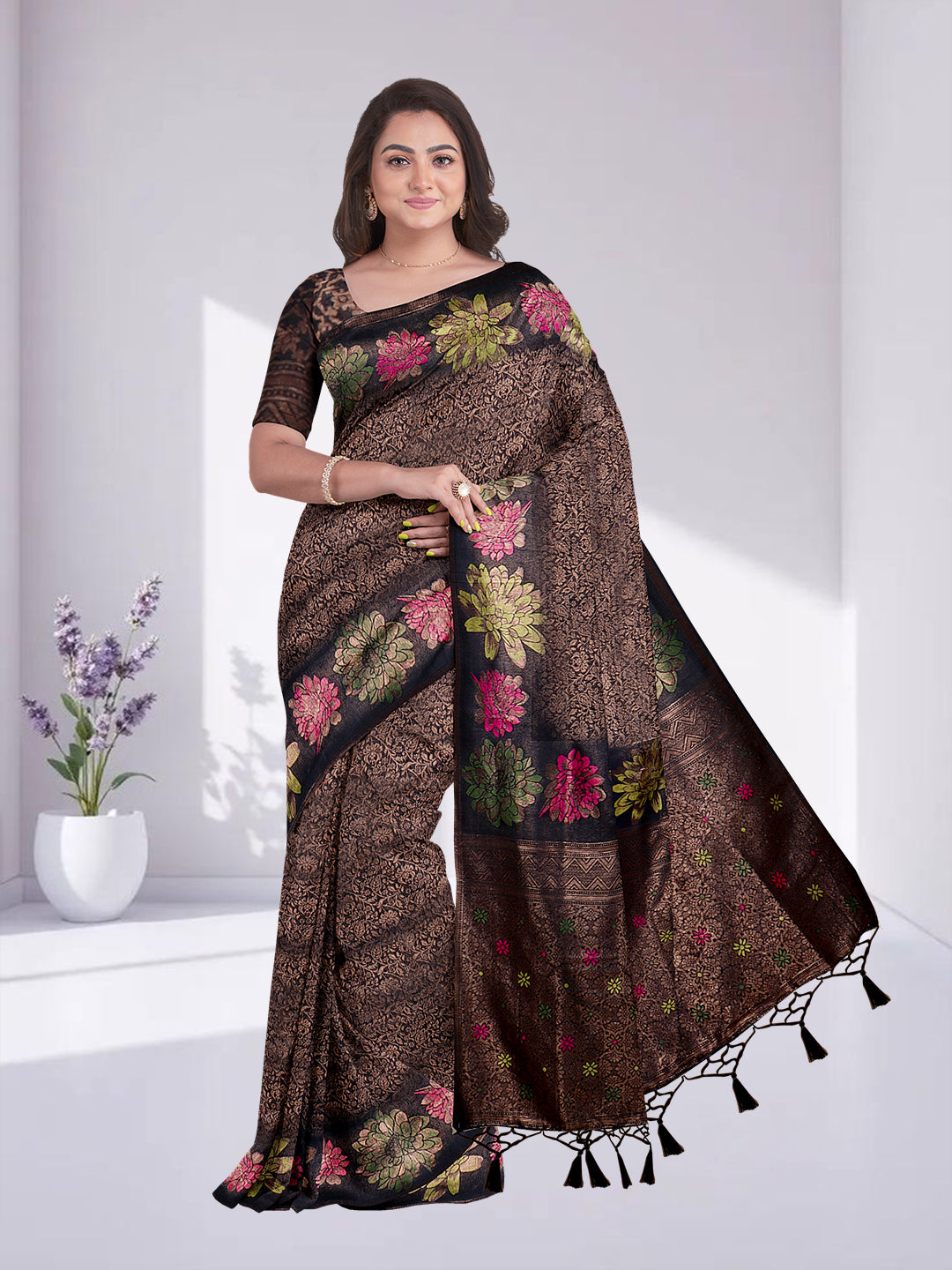Women Black Semi Silk Saree SS368
