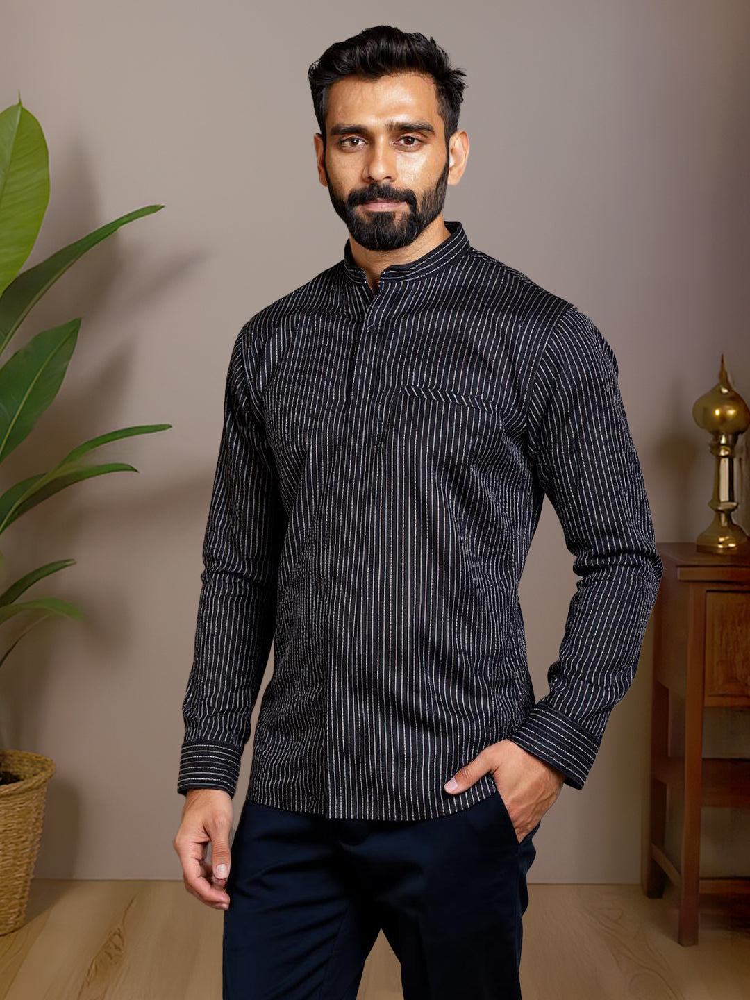 Men Cotton Short Length Stripes Pocket Kurta Black RJ26