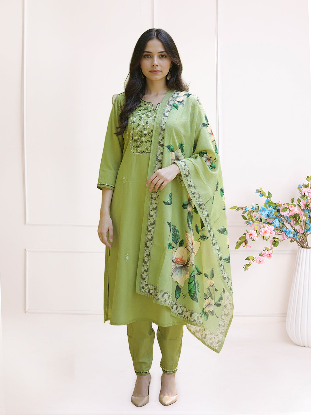 Women Silky Crush Embroidered Kurti Set Green EKS90