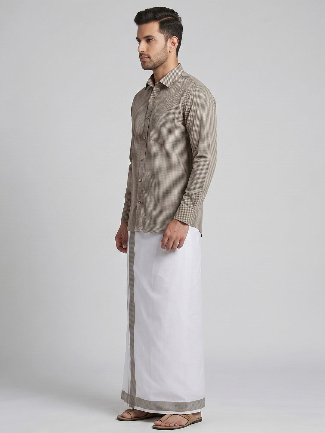 Men Light Grey Matching Border Dhoti With Printed Shirt Set Windsor HNJ2