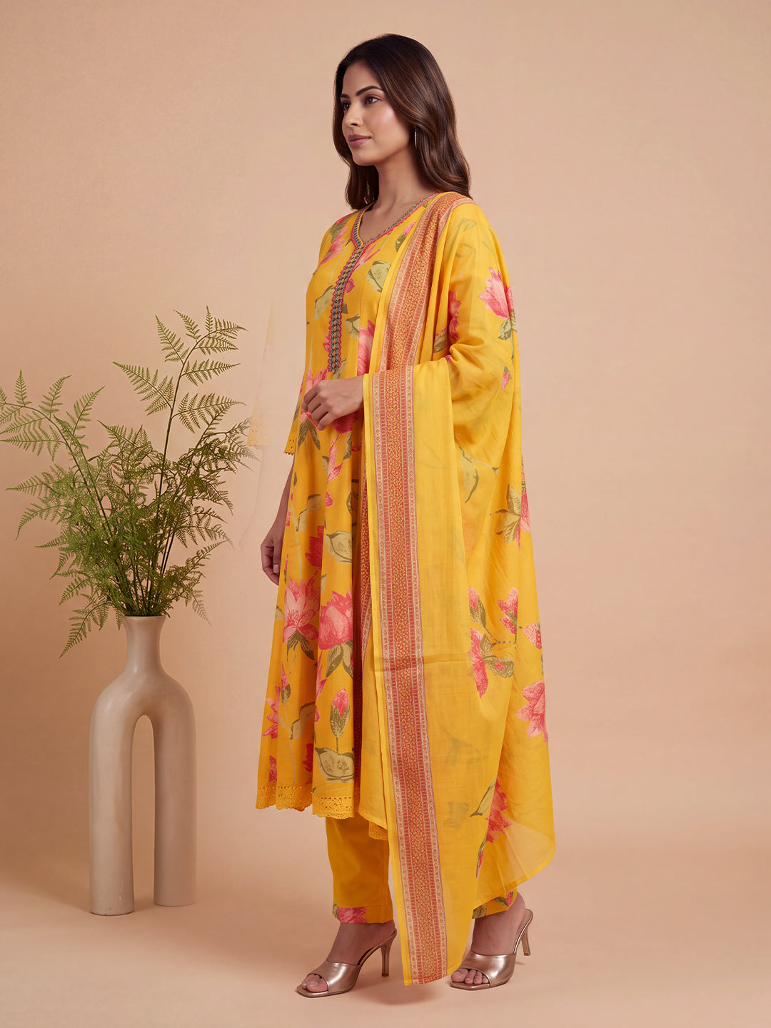 Women Embroidered & Printed Yellow Kurti Set EKS146