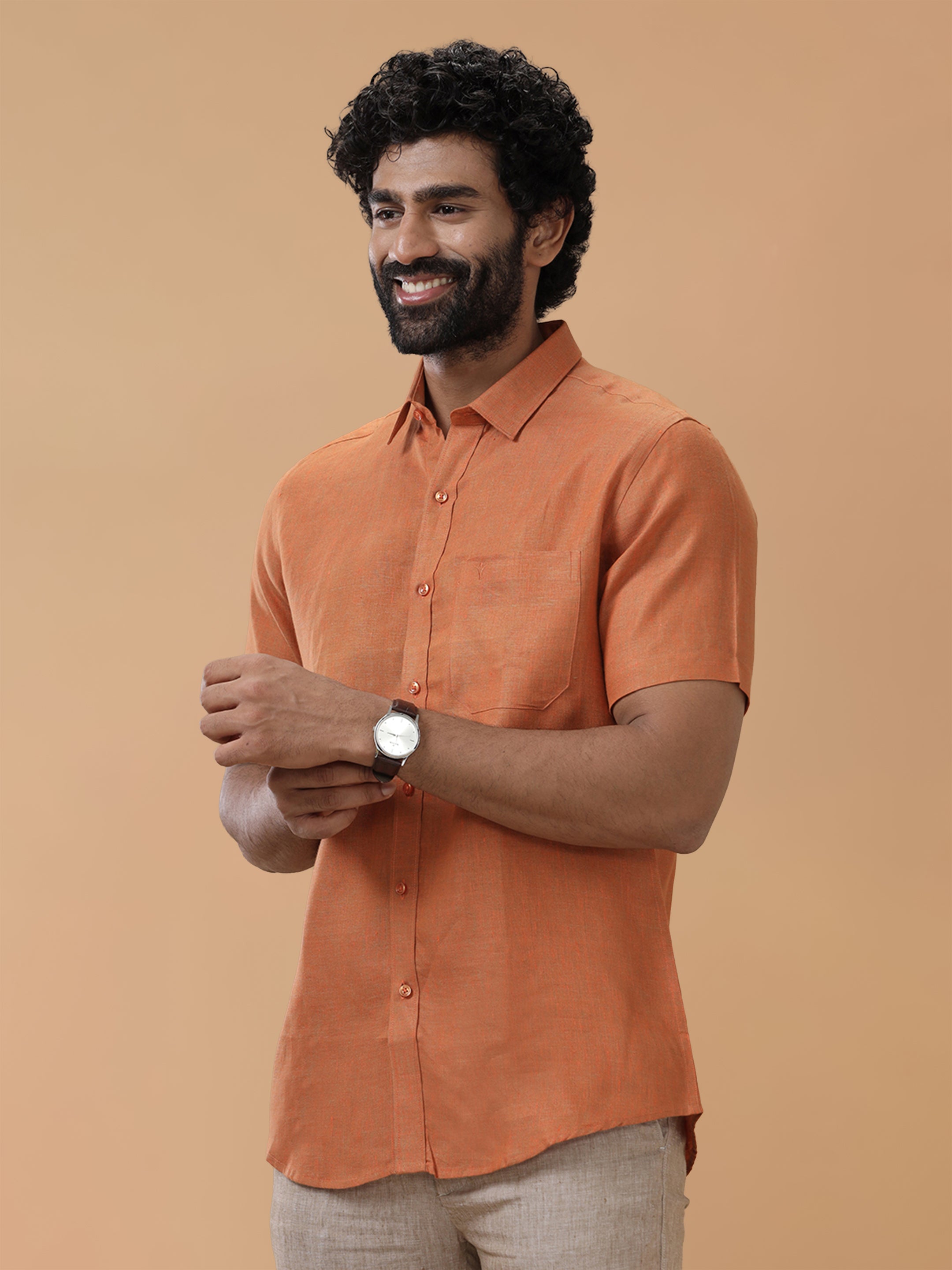 Pure Linen Vivid Orange Smart Fit Shirt L76