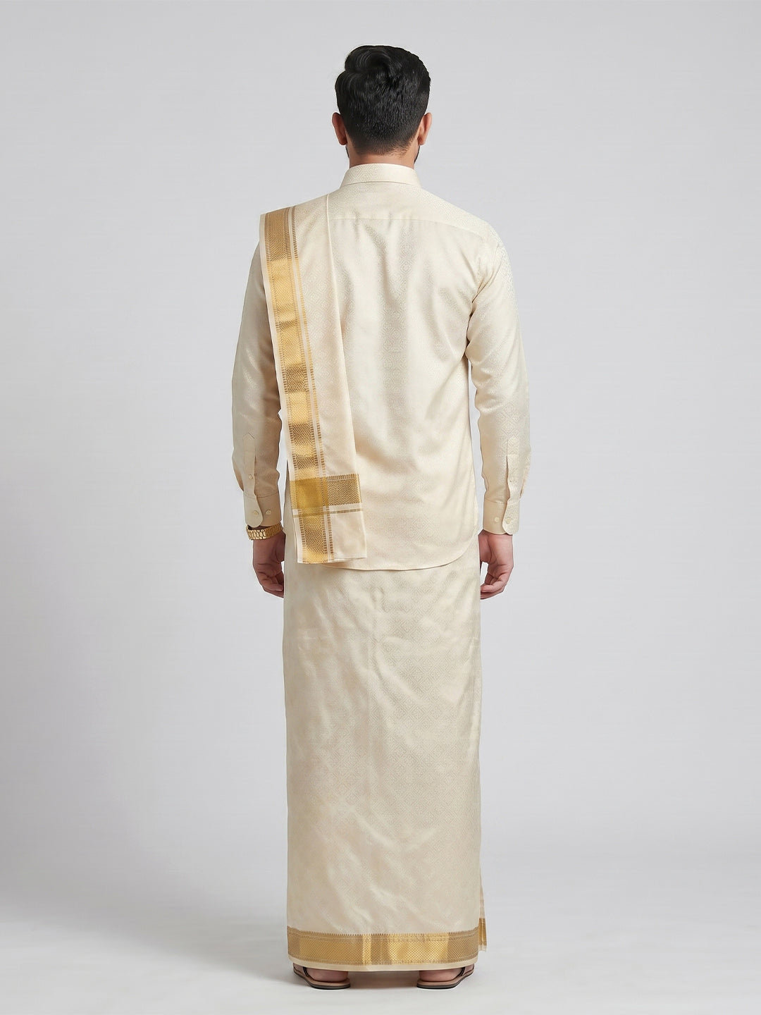 Men Art Silk Cream Self Design Shirt & Dhoti Towel Set Parinayam Grand CRJD4