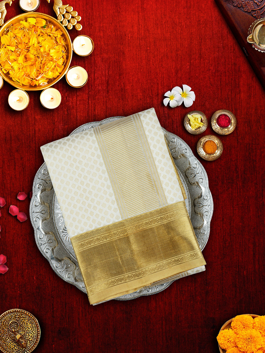 Premium Pure Silk Cream Dhoti With Angavastram 5" Gold Jari Border Agarshanaa-View one