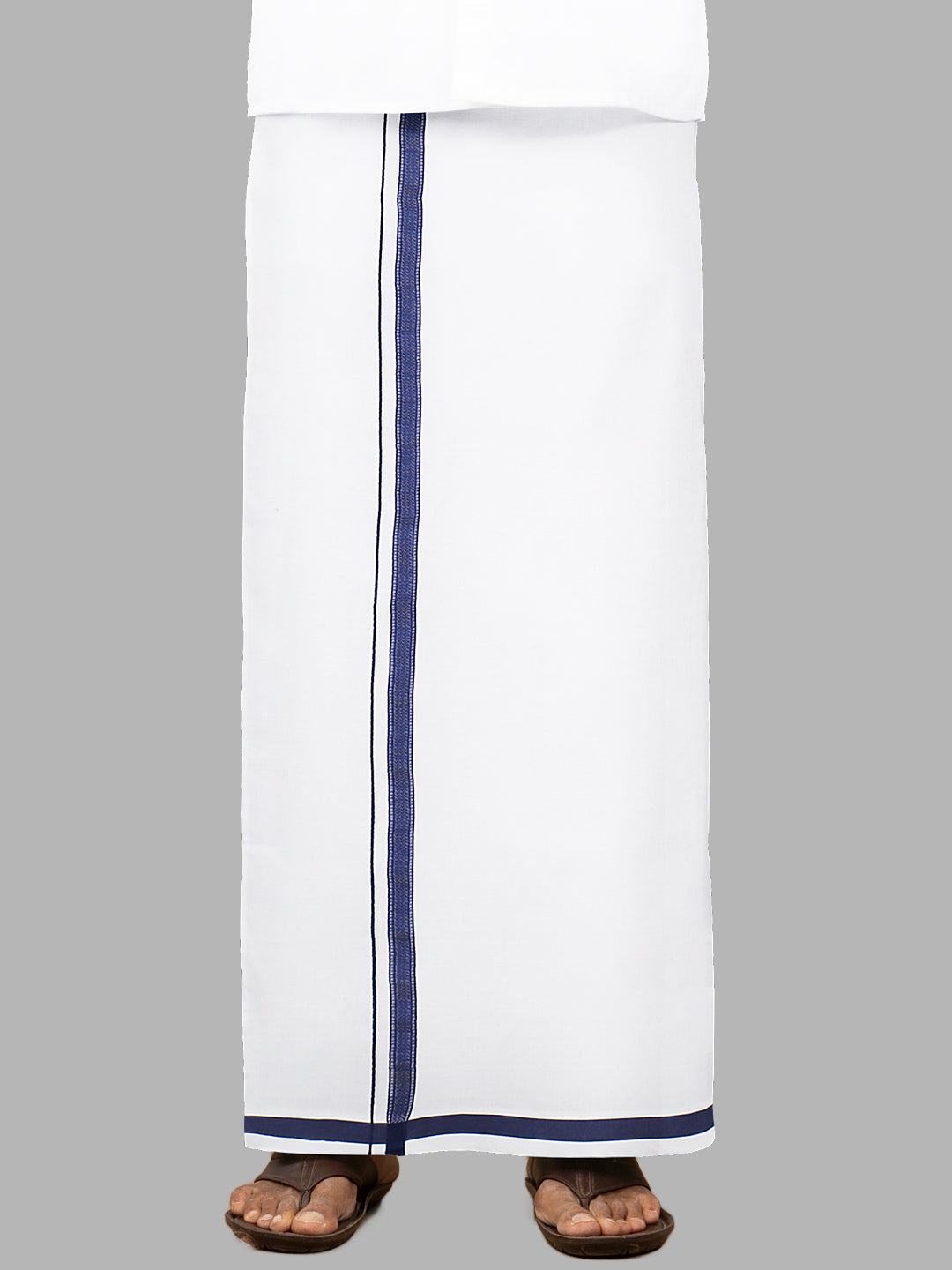 Men Navy Fancy Border Single Layer White Dhoti PF03