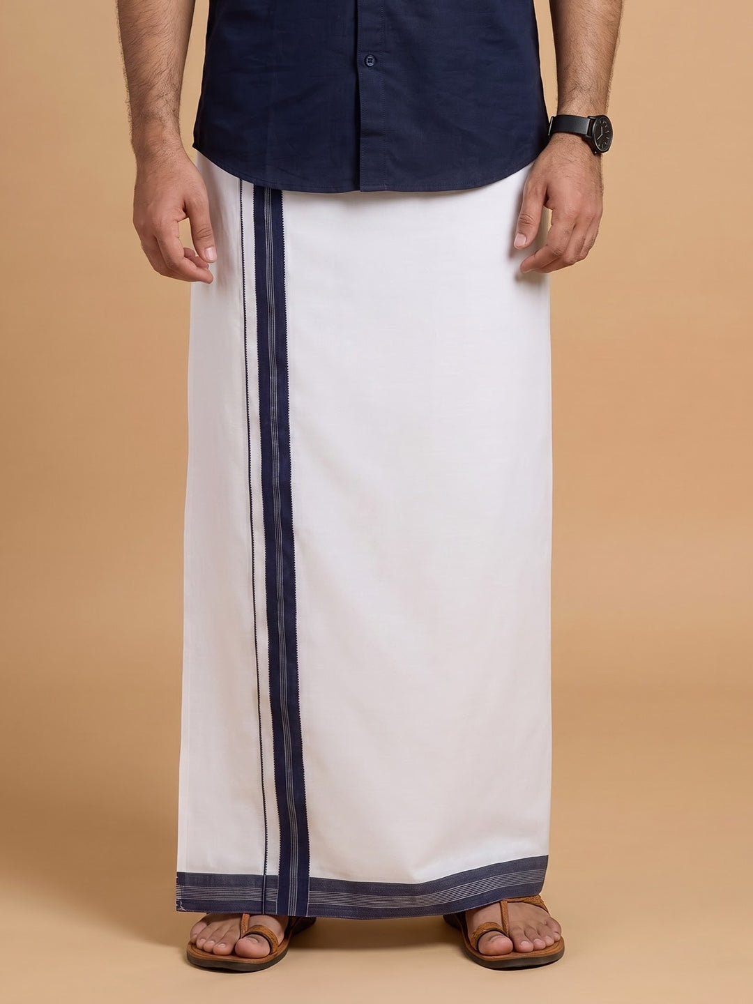 Double Layer 100% Cotton White Dhoti with Fancy Jari Border - EJF24