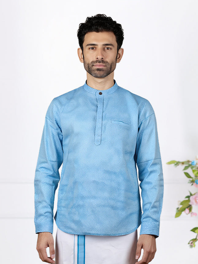 Men Cotton Short Length Printed Pocket Kurta Blue RJ46