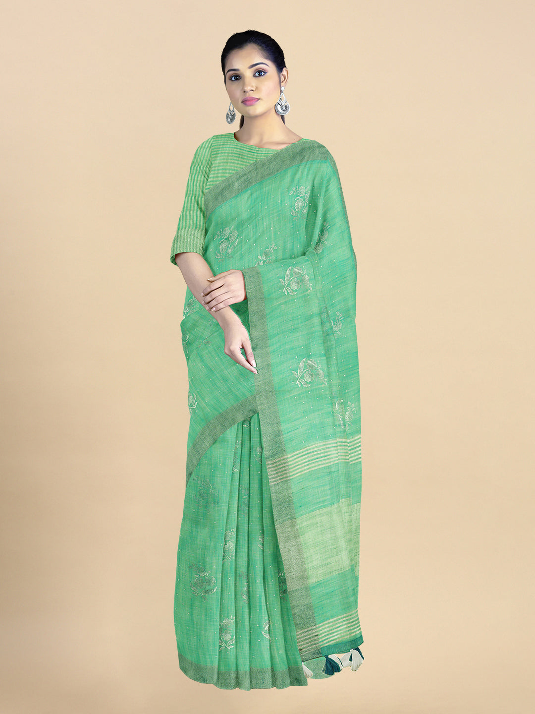 Womens Semi Linen Green Saree SL88